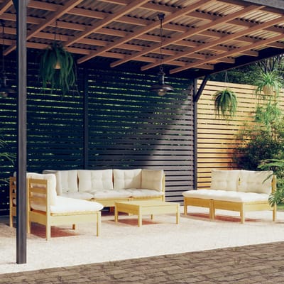 vidaXL - 8-delige - Loungeset - met - crèmekleurige - kussens - massief - grenenhout