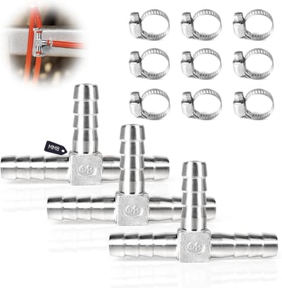 3-Weg T-Hose Connector SUS 304, Slang Schroefverbinding met Klemmen, Adapter voor Lucht, Water en Brandstof (8 mm, Set van 3)