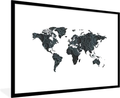Poster in lijst - Fotolijst 120x80 cm - Posters - Wereldkaart - Mandala - Blauw - Kindje - Jongen - Meid - Posterlijst zwart - Decoratie - Wanddecoratie woonkamer - Muurdecoratie slaapkamer