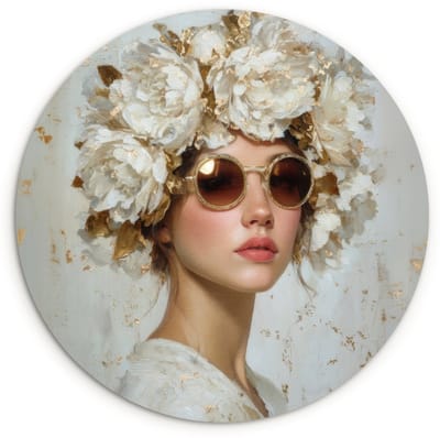 WallCircle® Wandcirkel 120x120 cm - Muurcirkel Schilderij - Vrouw - Zonnebril - Bloemenkrans - Muurdecoratie woonkamer - Wanddecoratie slaapkamer - Kamer decoratie accessoires - Ronde schilderijen XXL