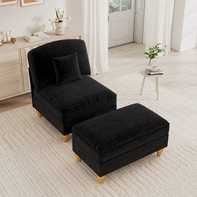 HAUSS SPOLE Fauteuil - Klassieke Loungefauteuil Met Hocker - Afneembare Franjerok En Los Kussen - Voor Woonkamer - Chenille Zwart