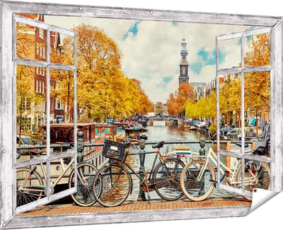 Gards Tuinposter Doorkijk Amsterdamse Brug bij een Brug met Fietsen - 180x120 cm - Tuindoek - Tuindecoratie - Wanddecoratie buiten - Tuinschilderij