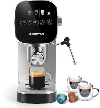 Aigostar Espressomachine 20 Bar - Pistonmachine met LCD Display - Met Stoompijpje - Coffee Machine - 1360W - RVS/Zilver