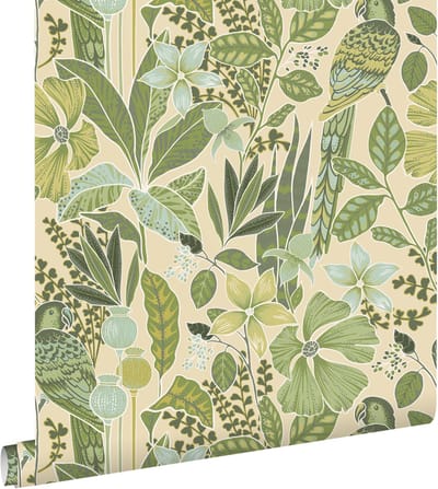ESTAhome behang tropische bloemen en paradijsvogels vergrijsd groen - 50 x 900 cm - 131157