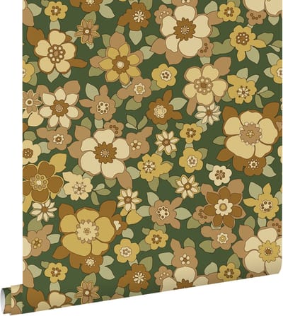 ESTAhome behang retro bloemen donkergroen en geel - 50 x 900 cm - 131528
