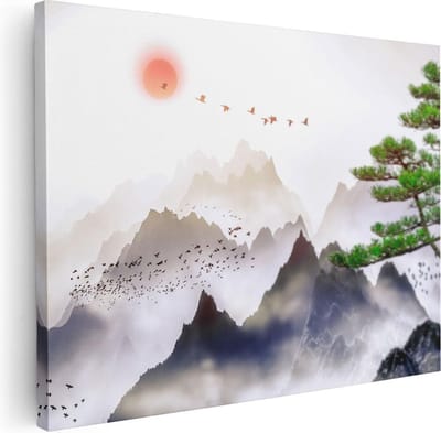 Artaza Canvas Schilderij Kraanvogels - 40x30 cm - Klein - Wanddecoratie Bergen - Muurdecoratie Zon - Kamer Accessoires Woonkamer