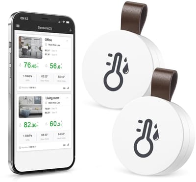 GELLDG Mini-thermometer en hygrometer - 2 stuk - Draadloze thermometer - Bluetooth hygrometer - Met app en gegevensopslagfunctie - Digitale temperatuur- en vochtigheidssensor - Geschikt voor thuis, kantoor, kas, wijnkelder