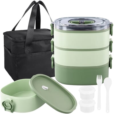 Dailygoods - 3-in-1 broodtrommel met vakken, 2800 ml bentobox met zak, lekvrije voedseldoos, 3 lagen, stapelbaar, snackbox met scheidingsbestek, verwarmde lunchbox voor kinderen en volwassenen, BPA-vrij