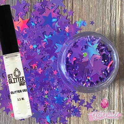 GetGlitterBaby® - Paarse Sterren Chunky Festival Glitters Sterretjes voor Lichaam en Gezicht Gel Glitterlijm Huid lijm / Biodegradable Bio Vegan Biologische Face Body Glitter Jewels - Paars Purple + Glittergel Huidlijm lijm