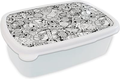 Broodtrommel Wit - Lunchbox - Brooddoos - Patroon - Corona - Zwart Wit - 18x12x6 cm - Volwassenen