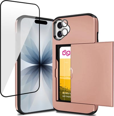 Hoesje met Pasjeshouder geschikt voor iPhone 17 - Screenprotector FullGuard & Camera Lens Screen Protector Zwart - Back Cover SlideCase Roségoud