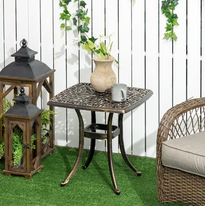 MIVRAY Bistrotafel - Vierkante Tuintafel Met Parasolgat En Verstelbare Voeten - Voor Balkon En Tuin - Aluminium - 54x54x52,5 Cm - Brons
