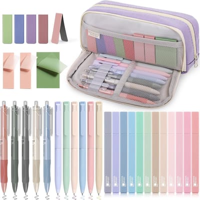 32-delige schoolbenodigdheden set met paarse mappen, pastel markeerstiften, gelpennen, kleurpotloden en plaknotities voor een stijlvolle schoolervaring