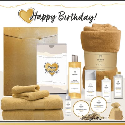Geschenkset “Happy Birthday!” - 13 producten - 1980 gram | Cadeau voor haar - Cadeaupakket Feestje Wellness Pakket Douchegel Vanille Karamel Luxe Giftset Fleece deken Handdoeken Pakket Verjaardag Feestje Vrouw Gefeliciteerd Gift Set Okergeel Goud