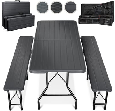 Blumtal Opvouwbare Picknicktafel - Biertafel met banken - Vouwtafel - 8 personen - Campingtafel set - Antraciet - Rattan look