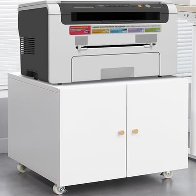 MEUNIQ mobiele printerkast 60 x 60 x 45 cm met deuren, verstelbare plank en 4 wielen, metalen opbergkast voor kantoor, printhoek of bureau, wit