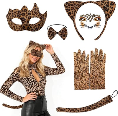 Leopard Kostuum Set voor Vrouwen met Oren, Gezichtsstickers en Accessoires voor Carnaval en Halloween Feestjes