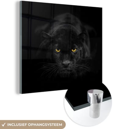 MuchoWow® Glasschilderij 50x50 cm - Schilderij acrylglas - Luipaard - Ogen - Zwart - Foto op glas - Schilderijen