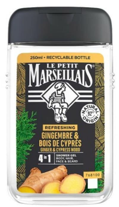 Le Petit Marseillais Gingembre & Bois de Cyprès gel douche 4 en 1, testé sous contrôle dermatologique, avec une sensation ultra rafraîchissante, 250 ml