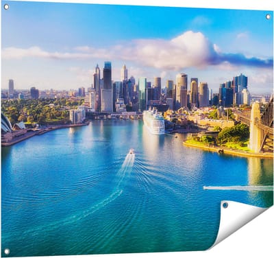 Gards Tuinposter Sydney Stad bij de Haven - 100x80 cm - Tuindoek - Tuindecoratie - Wanddecoratie buiten - Tuinschilderij