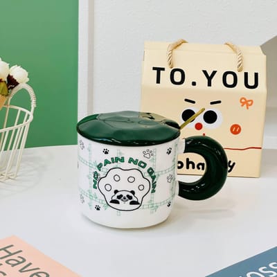 Kleine Geschenkdoos van Hoge Waarde met Deksel Cartoon Schattige Dieren Mok Ins Stijl Keramische Kop Kleine Panda met Lepel Waterbeker 400ML