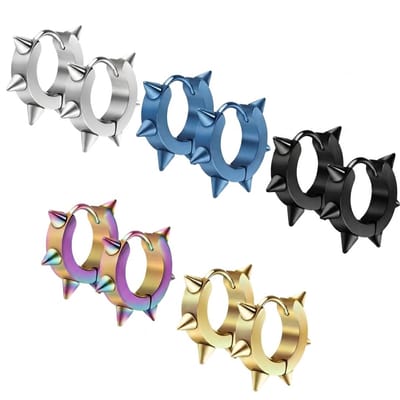 5 paar oorbellen met spikes voor heren – zwarte, zilverkleurige, goudkleurige, blauwe en regenboogkleurige Oorringen – stoere RVS oorbellen set in punk stijl