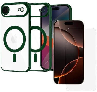 Backcover hoesje Geschikt voor: iPhone 17 Air met geïntegreerde Camera lens bescherming + 1x Screen protector [magnetische hoes] compatibel met MagSafe Dames Heren - Groen