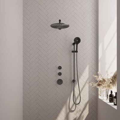 Brauer Gunmetal Carving Thermostatische Regendoucheset Inbouw - Hoofddouche 30 cm - Rechte Wandarm - Handdouche 3 Standen - Doucheslang - Geintegreerde Glijstang - Gunmetal
