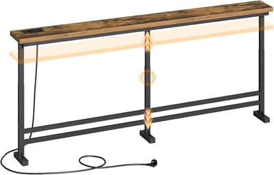 HOMESY Smalle consoletafel, smalle haltafel, 180 cm lange haltafel, 1 AC, 1 USB-A, 1 type C, voor woonkamer, hal, entree, vintage bruin-zwart