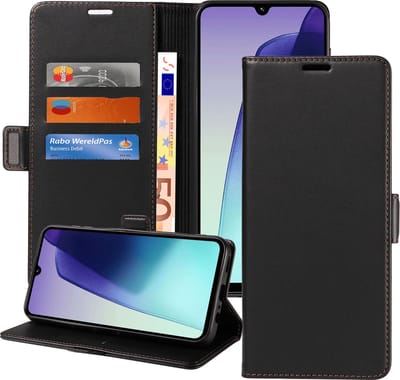 Geschikt voor Xiaomi Redmi 14C Hoesje - Book Case Hoesje - Magnetische Sluiting - Portemonnee Rustic Zwart