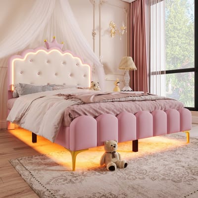 Wishdor – Gestoffeerd Bed 140x200 cm – Kroonvormig Hoofdbord – App-gestuurde LED – Prinsessenbed – Romantisch & Compleet – PU – Roze
