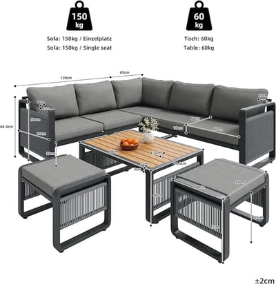 Tuinmeubelset 5 Personen Loungeset 210x210 cm – Luxe Hoekbank L-Vorm met Touw Gevlochten Design, Gehard Glas Tafel & Verstelbare Poten – Weerbestendige Outdoor Lounge Set voor Tuin, Terras & Balkon – Grijs – Laura