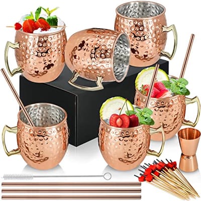 Set van 6 Gehamerde Koperen Mokken 18oz voor Cocktails
