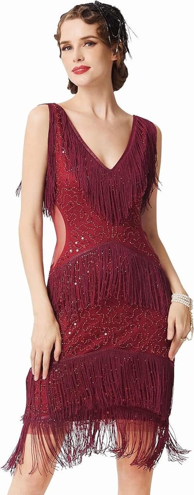 Jurk voor dames - V-hals mouwloos - Sexy - Transparant - Taille - Franjes - Paillettenjurk - Great Gatsby - Cocktailparty - Carnaval