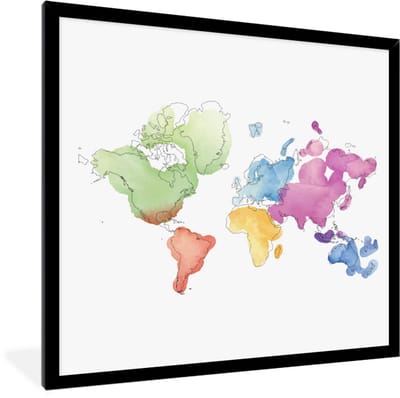 Poster in lijst - Fotolijst 40x40 cm - Posters - Moderne wereldkaart in waterverf - Posterlijst zwart - Decoratie - Wanddecoratie woonkamer - Muurdecoratie slaapkamer