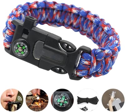 Paracord Survival Armband rood/wit/blauw - Met Vuursteen (magnesium stick), Noodfluit, Touw, Schraper & Kompas - Outdoor Bracelet