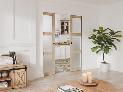 Vente-unique Dubbele schuifdeur met inbouwsysteem in hout en matgehard glas - 3 ramen - 2 x H205 x B83 cm - ACOSTA II