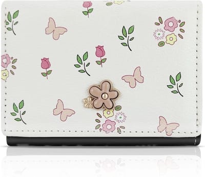 Elegante kleine portemonnee met bloemenknop en vlinderprint voor vrouwen, ideaal voor reizen en winkelen, zwart, met ID-venster en compact ontwerp