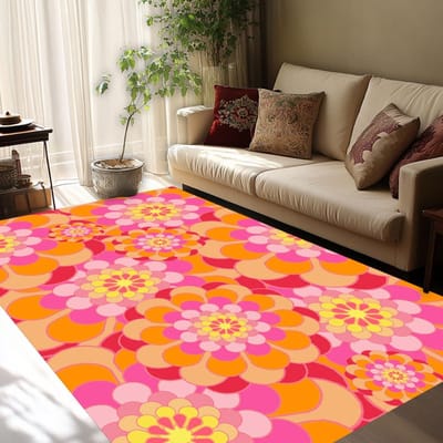 Roze Oranje , Bloem, Retro Bloem , Bloempatroon , Populaire Bloem, Roze Oranje Decor,, Populair Retro, Kleurrijk Tapijt 60*90cm