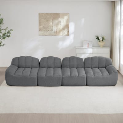 Modulaire hoekbank met 4 zitplaatsen – schelpvorm – diepe zitting – bank voor de woonkamer en appartementen – geen opstelling nodig – grijs