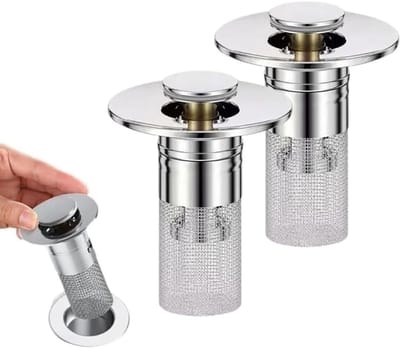 Set van 2 Universele Gootsteenstoppen met Roestvrijstalen Filter en Klapdeksel voor Efficiënte Afvoer en Hygiëne