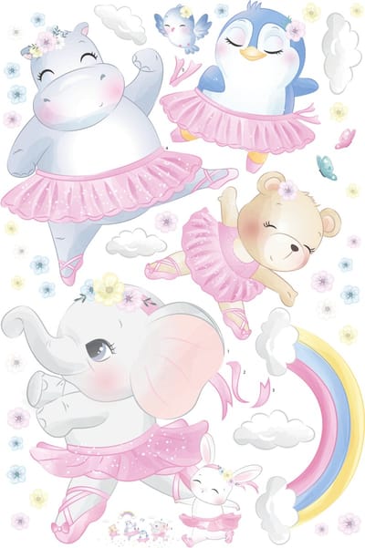 Muurstickers - Dansende dieren (klassieke dans) voor kinderen - Zelfklevende stickers - 90x60cm