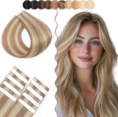Tape Extensions voor Haar - 10 Stuks, 15g, Menselijk Haar, 45cm, Kleur #12P613, Zelfklevend en Herbruikbaar