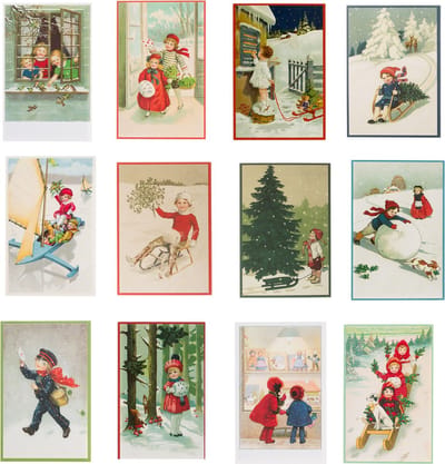 Nostalgische kerstkaarten - 12 stuks - Franz Josef - Klassieke Vintage afbeeldingen - Winter - Sneeuw - Feestelijk - Jaarwisseling - Oude Brocante kerstkaarten