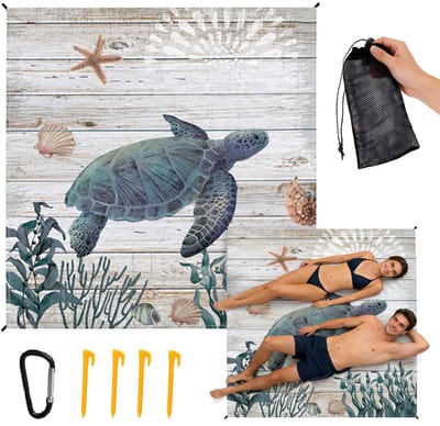 Parkdeken - 200*210CM grote stranddeken voor zand, waterdichte stranddeken voor op het strand, zandbestendige picknickmat met print, opvouwbare buitendeken met 4 winddichte haringen en 1 karabijnhaak voor een zomerfeest,draagbare vochtbestendige mat