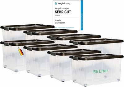 Novaliv 8x Opbergdozen met deksel Groot 55L Antraciet Nestbaar Stapelbaar met clipsluiting Rolboxen Kunststof BPA-vrij 61x40x32,5 cm