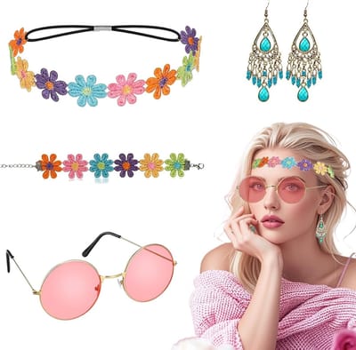 Hippie Kostuum Set met Zonnebril, Haarband, Armband en Accessoires voor Feestjes en Themafeestjes