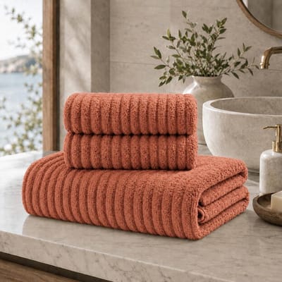 SnelShoppen - Badhanddoekenset Koraalfleece 3-delig, Gestreept, Geribbeld, 70x140 cm + 2x 34x74 cm, Zacht en Omhullend, Terracotta, Perfect voor Thuis