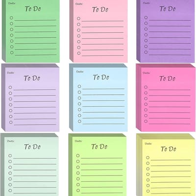 Gevoerde to-do-lijstnotities, 450 stuks, 9-pack horizontale zelfklevende notitiepads geassorteerd verwijderbaar voor kantoor, thuis, school, vergadering (9 kleuren)