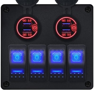 ProRide Schakelpaneel 12V voor Auto/Boot - USB Stopcontact 4 Poorten met Schakelaar - QC3.0 - PUSB1QC-R - 4 schakelaars - Rood